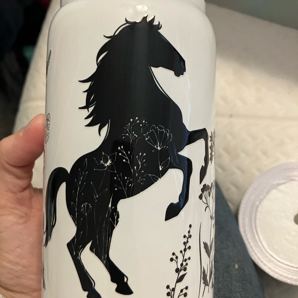 White Tumbler with Black Horse Design